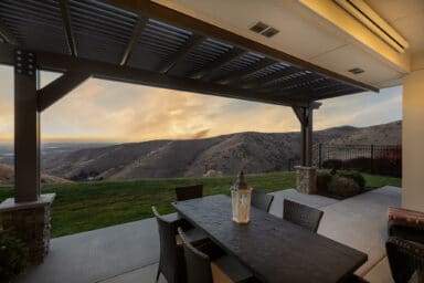 Tan pergola looking out over the Boise foothills during sunset in Boise, Idaho.