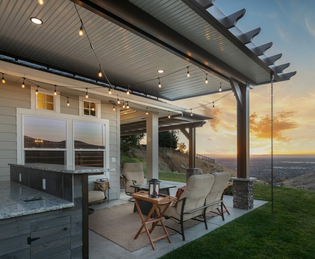 Patio cover on tan house in Idaho
