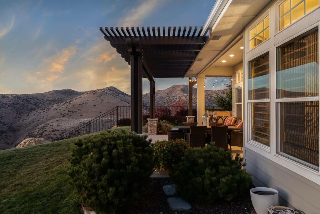 brown pergola with a high desert background